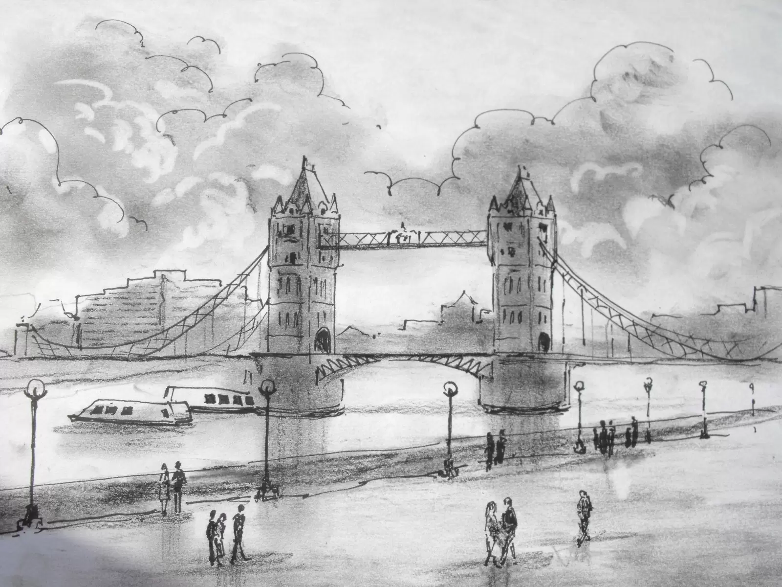 לונדון - נטליה ברברניק - תמונות אורבניות לסלון איור רישום בשחור ולבן  - מק''ט: 122305