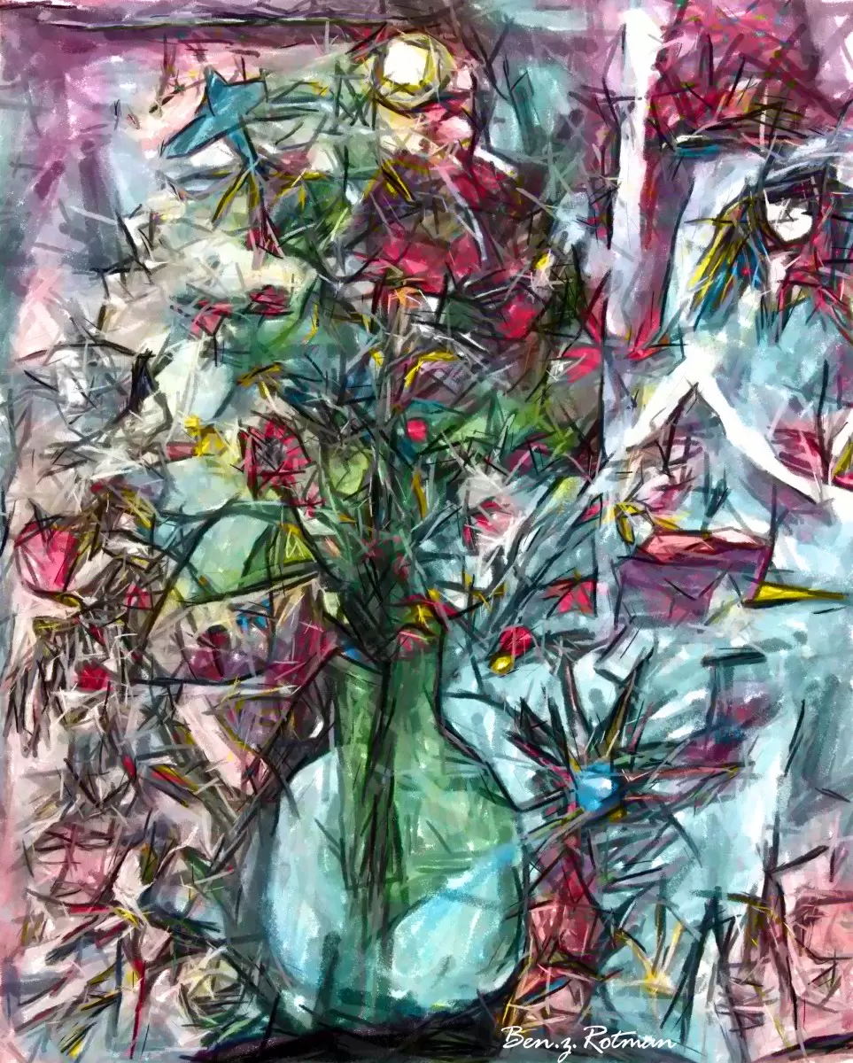 פרחים באגרטל זכוכית - בן רוטמן - אבסטרקט פרחוני ובוטני  - מק''ט: 158308