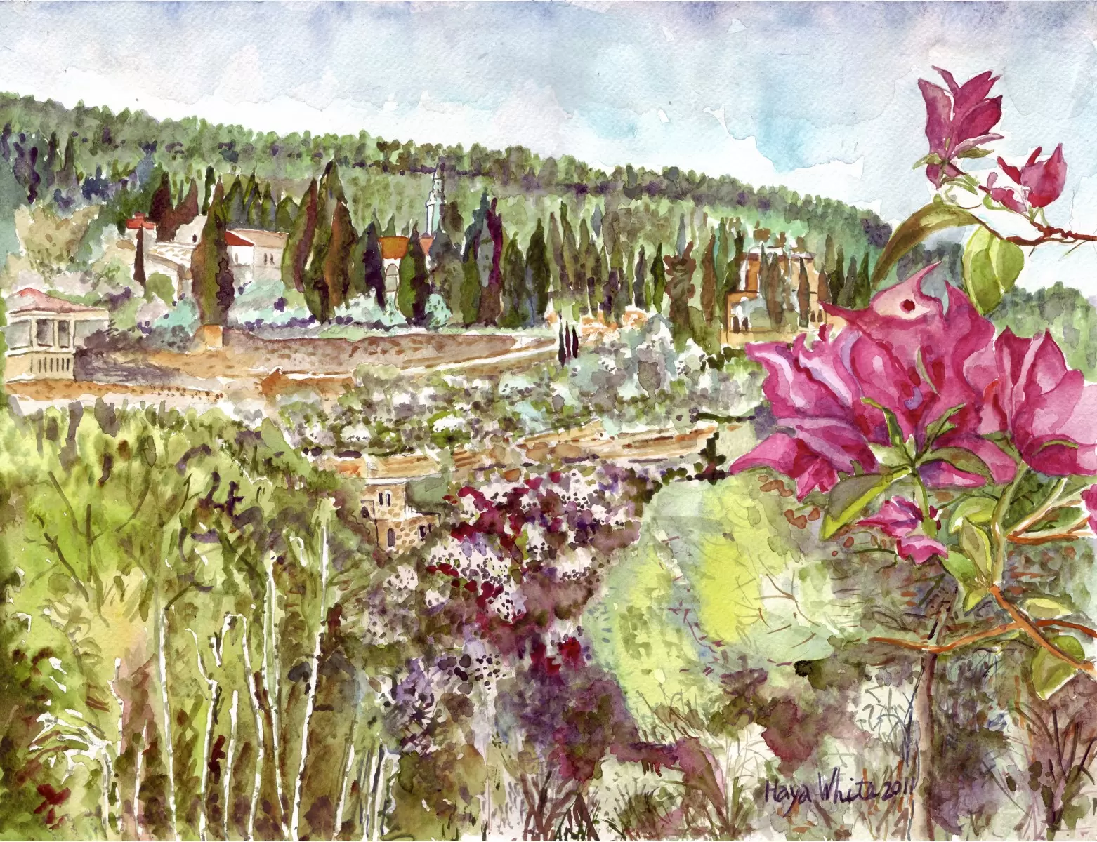 פרח בוגונויליה עם נוף - חיה וייט - צבעי מים  - מק''ט: 213191