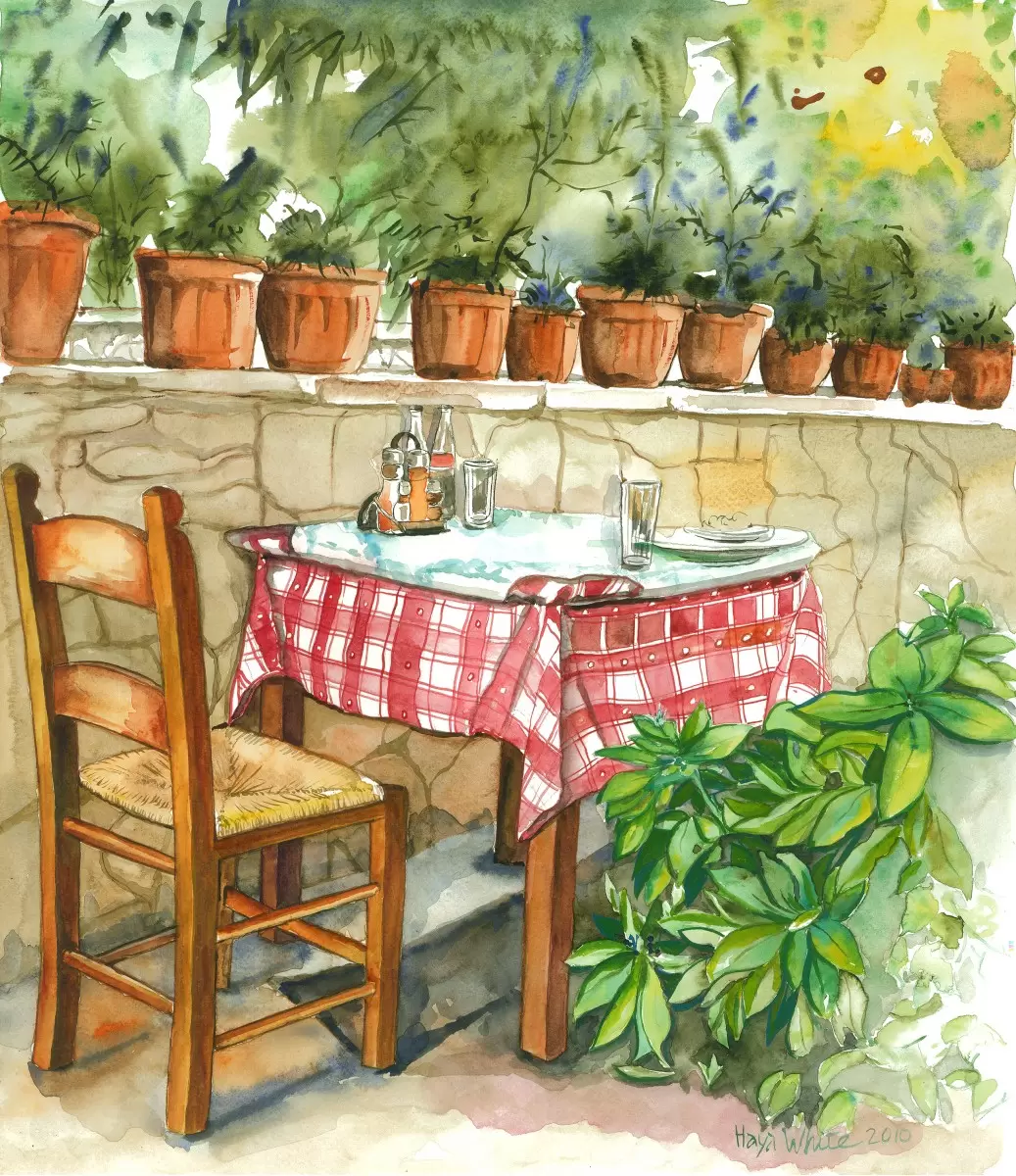 שולחן ועציצי בזיליקום - חיה וייט - צבעי מים  - מק''ט: 213223