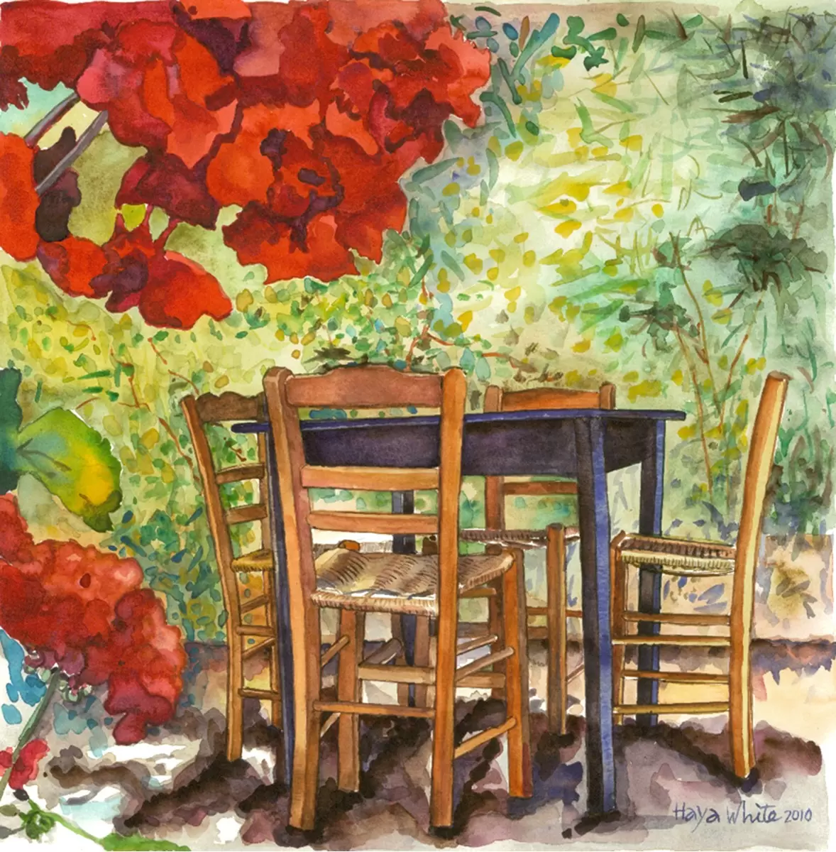 שולחן עם פרח אדום - חיה וייט - צבעי מים  - מק''ט: 213227