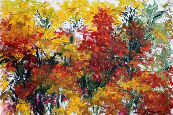 פריחה באדום צהוב – חגי עמנואל | תמונה לסלון בסגנון מודרני