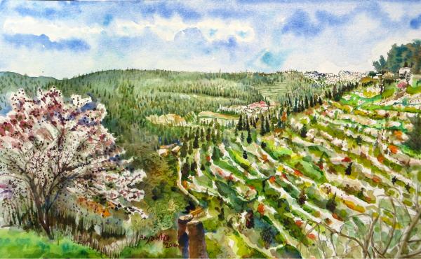 נוף הטרסות בעין כרם – חיה וייט | תמונה לסלון בסגנון כפרי