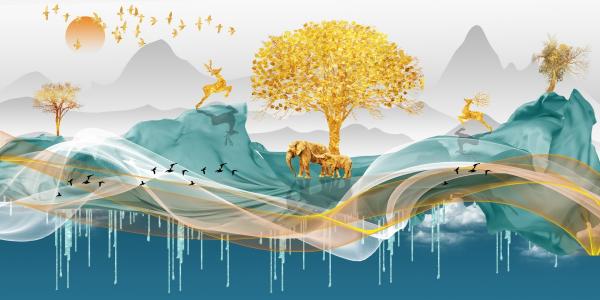 פילים על נהר קסום מודרני בזהב – Artpicked | תמונה לסלון בסגנון סוריאלי