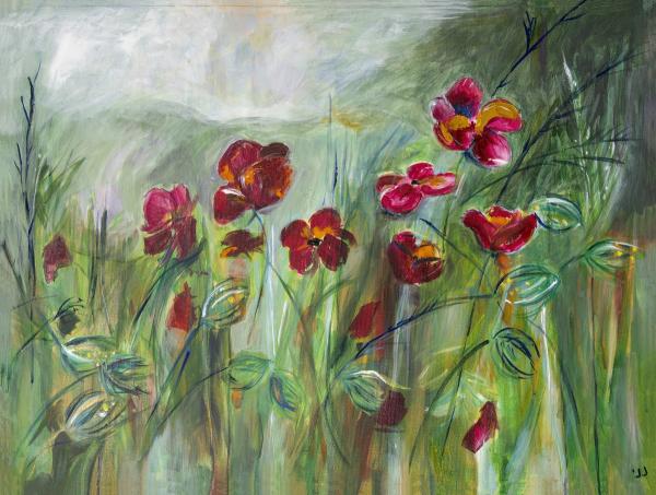 פריחה עדינה באדום – רחל אלון | תמונה לסלון בסגנון כפרי