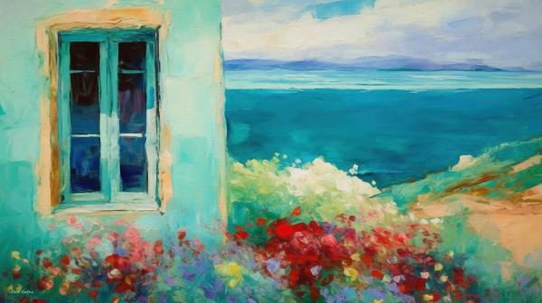 חלון אל הים – אורית גפני | תמונה לסלון בסגנון מודרני