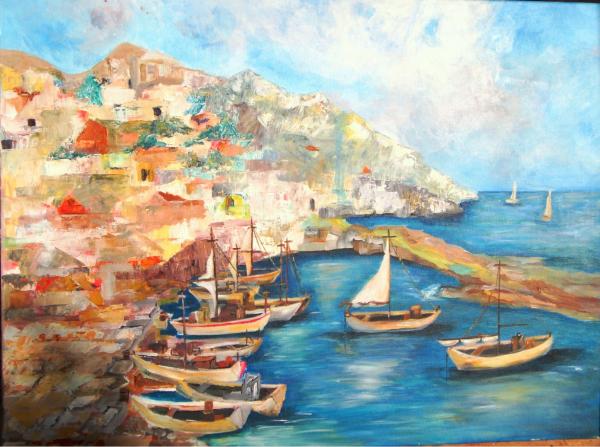 סירות במעגן(יוון) – רינה יניב | תמונה לסלון בסגנון מודרני