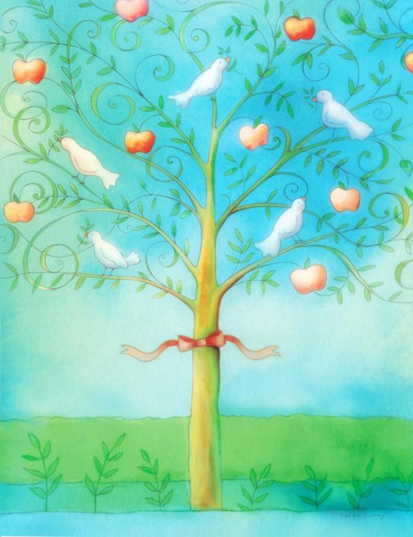 varda doves &amp; apples – ורדה ליבני | תמונה לסלון בסגנון מודרני