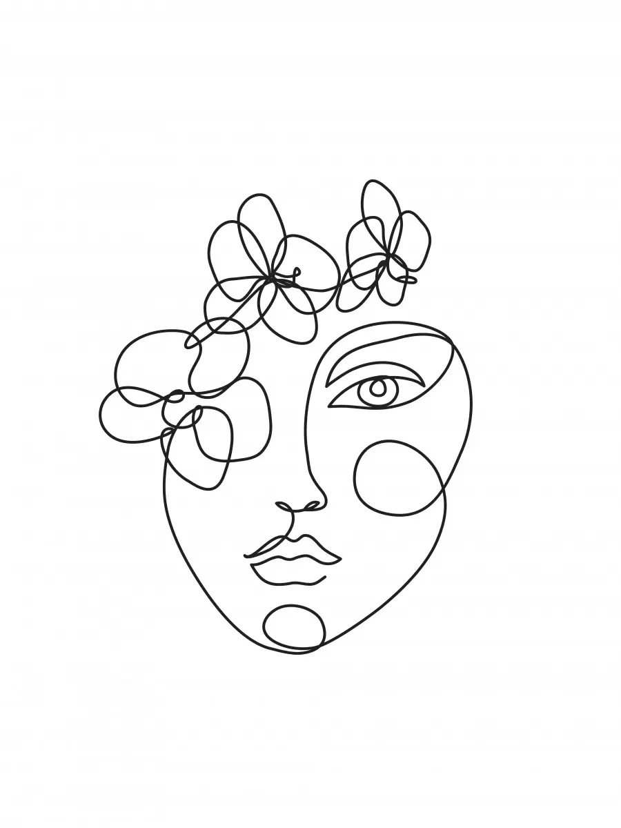 אישה עם פרחים בקו אחד - Artpicked Modern - סלון בסגנון מינימליסטי ציור בקו אחד  - מק''ט: 376399