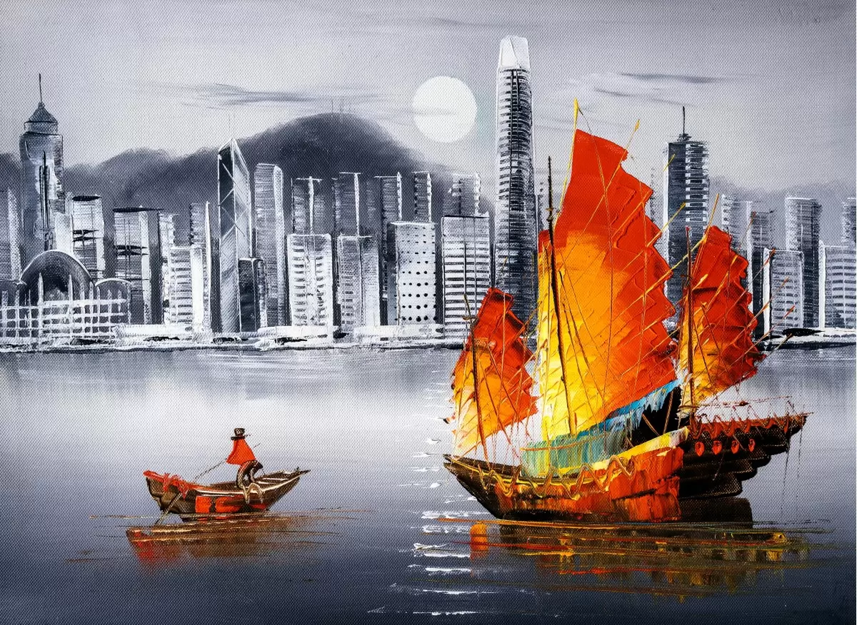 שייט נהר לילה הונג קונג - Artpicked Modern - תמונות ים ושמים לסלון  - מק''ט: 376452