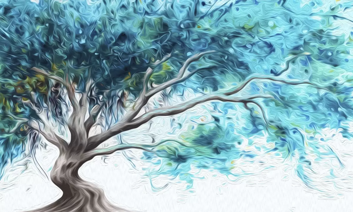 #0015 עץ מרהיב ציור שמן - Clara Zack - חדר שינה כחול עמוק אבסטרקט פרחוני ובוטני  - מק''ט: 338430