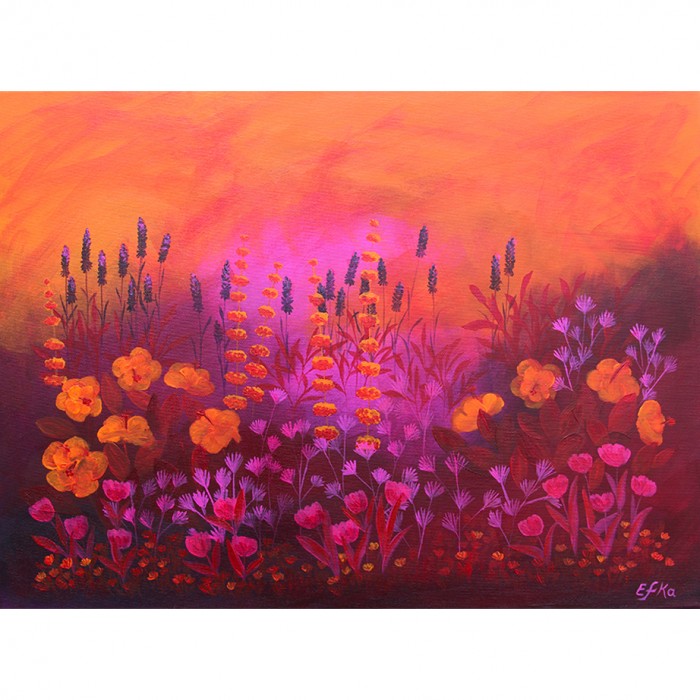 שדה פורח בכתום בורדו וסגו