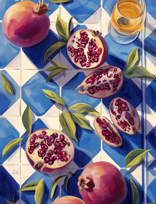 רימונים על אריחים כחולים