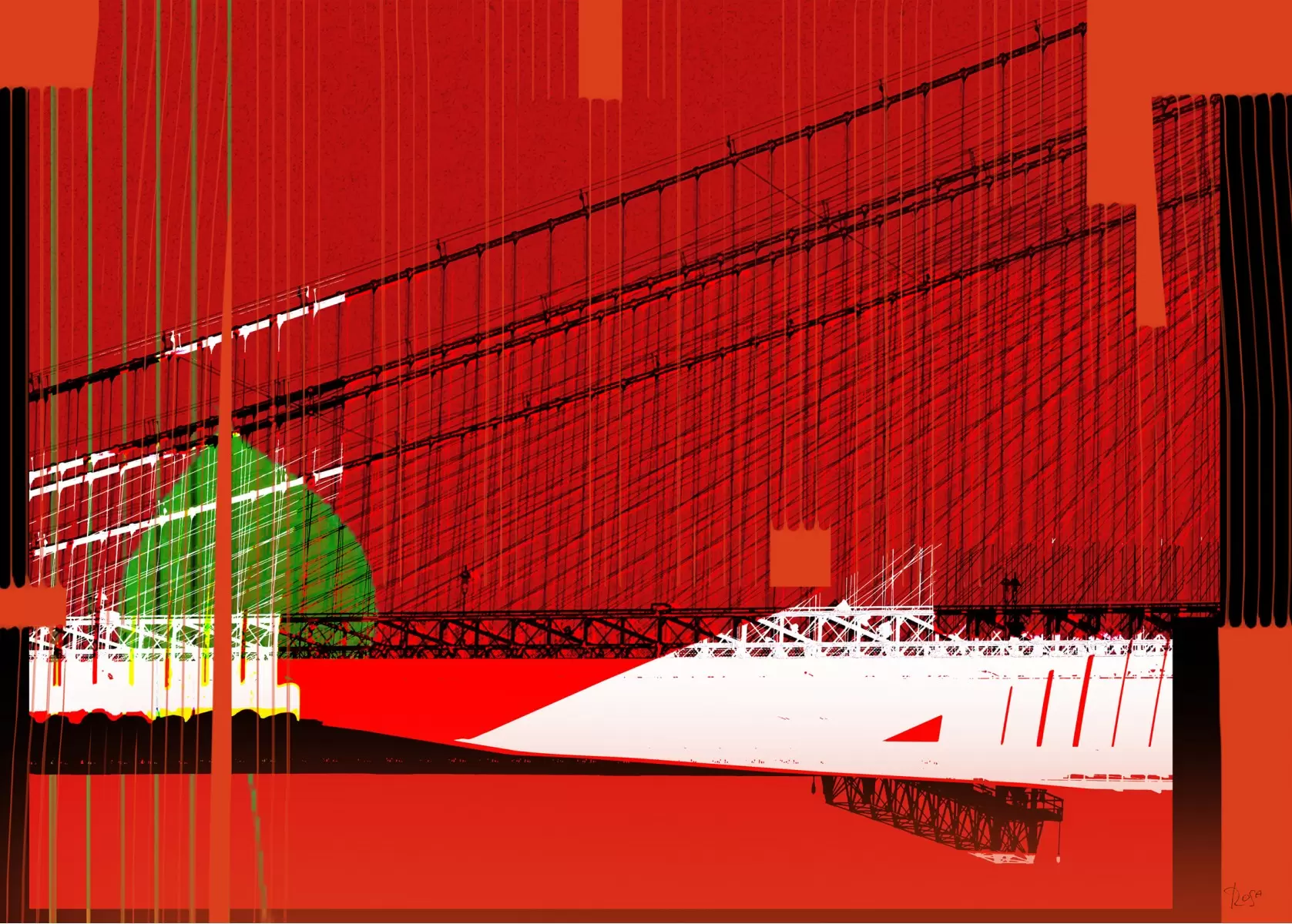 גשר באדום - רוזה לשצ'ינסקי - תמונות אורבניות לסלון אבסטרקט מופשט מודרני  - מק''ט: 203689