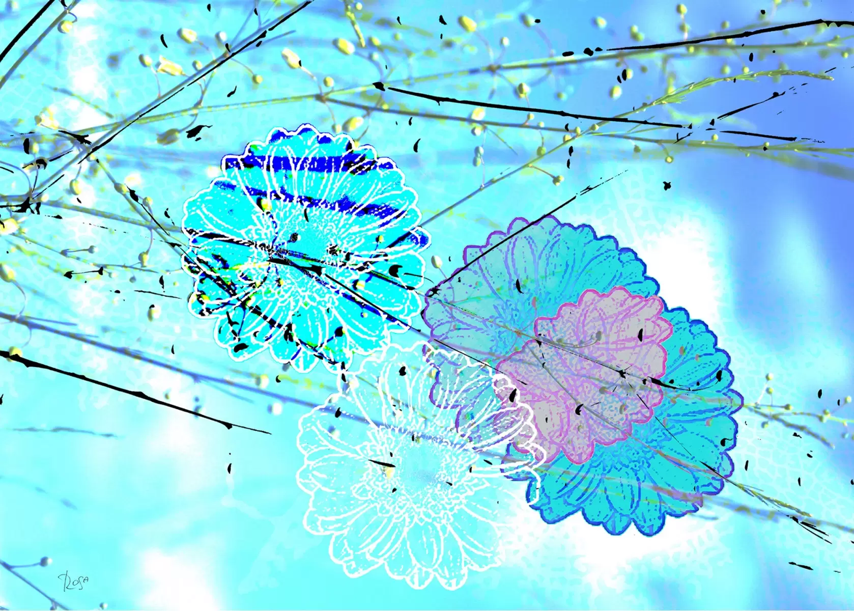 פרח תכלת - רוזה לשצ'ינסקי - תמונות בועות גלים ומים אבסטרקט פרחוני ובוטני תמונות בחלקים  - מק''ט: 203788