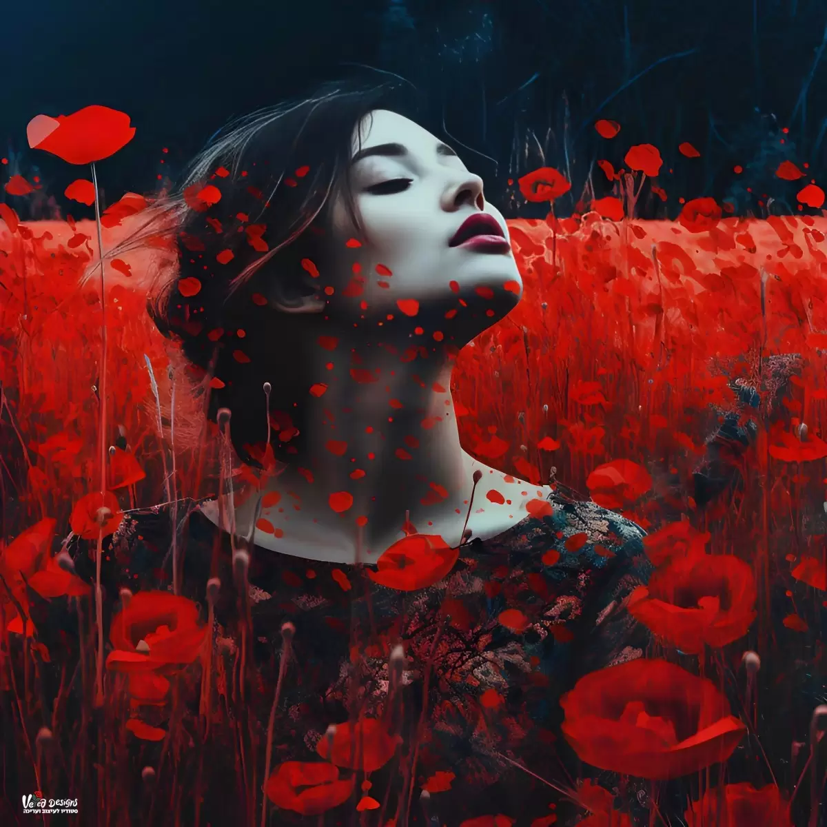 אשה בשדה פרגים אדומים - ורד שפירא - תמונות רומנטיות לחדר שינה תמונות נוף וטבע עם בינה מלאכותית  - מק''ט: 464487