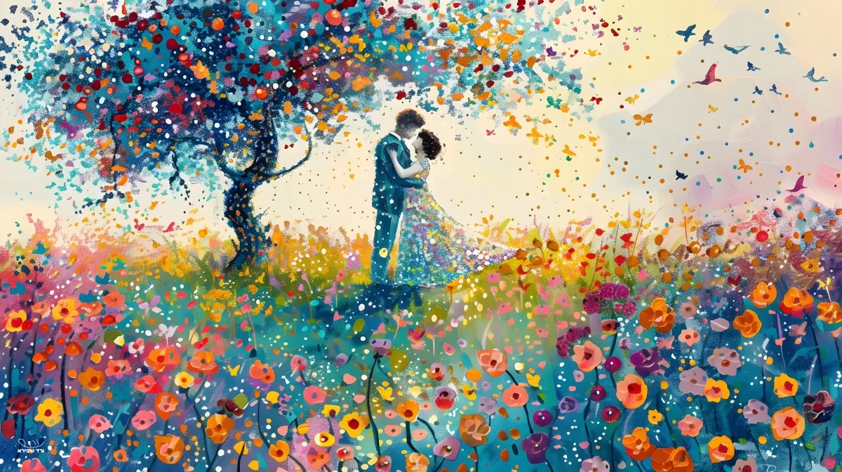 זוג מאוהב בשדה פרחים - ורד שפירא - תמונות רומנטיות לחדר שינה תמונות של בינה מלאכותית  - מק''ט: 469271
