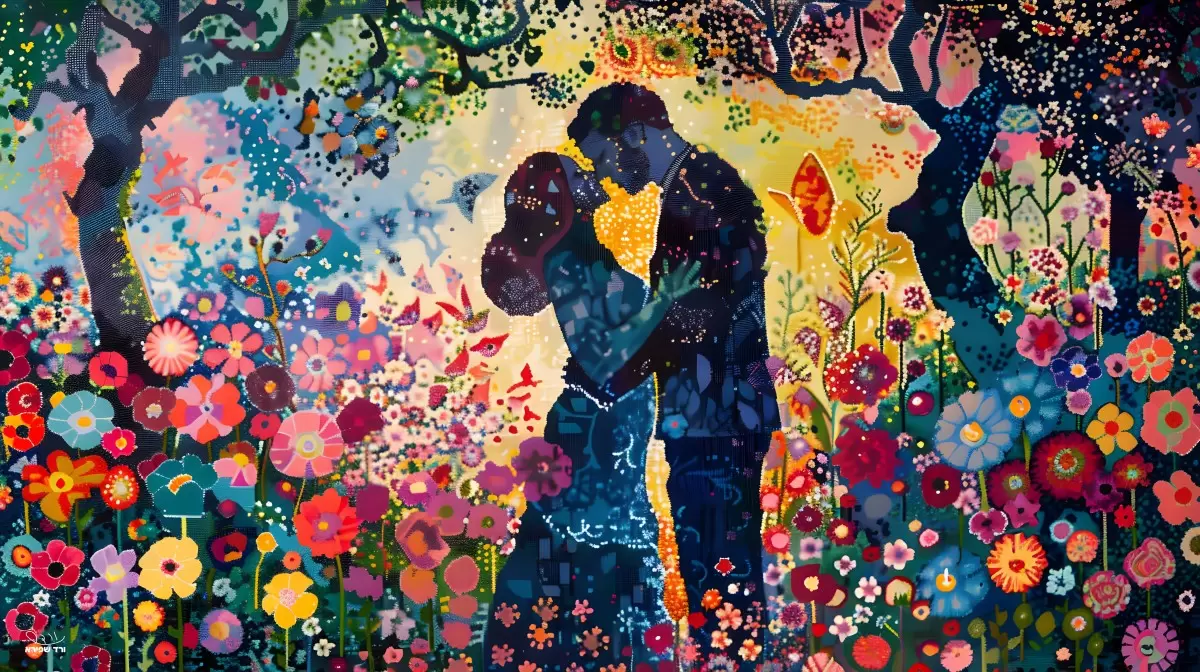 זוג מאוהב ביער הקסום  - ורד שפירא - תמונות רומנטיות לחדר שינה תמונות של בינה מלאכותית תמונות בחלקים  - מק''ט: 469272