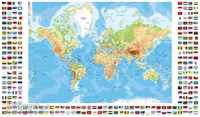 מפת העולם פיזית עם דגלי ארצות