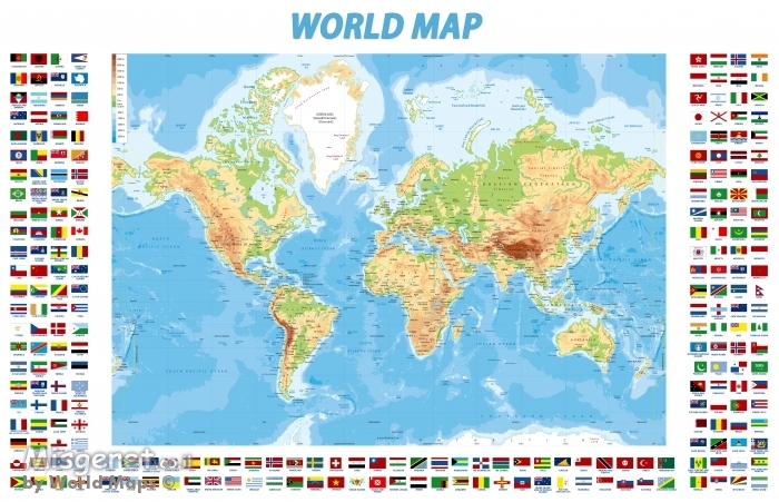 מפת עולם פיזית עם דגלים