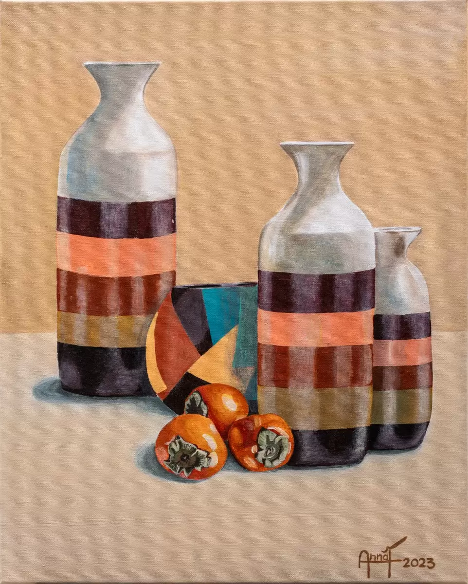 Persimmons and vases - Anna Forsuk - תמונות לסלון רגוע ונעים  - מק''ט: 460808