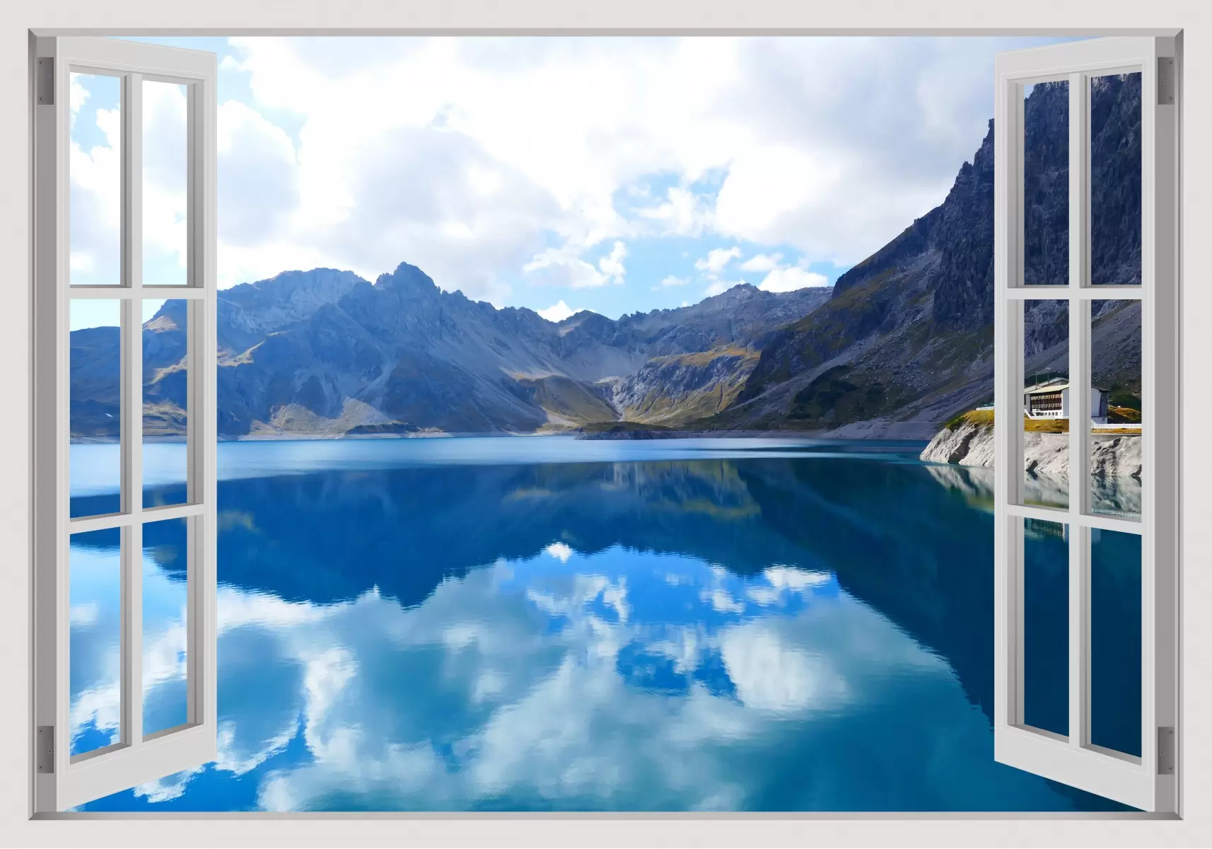 הרים ואגם מבעד חלון - Artpicked Windows - חדר שינה כחול עמוק נופים יפים  - מק''ט: 331014