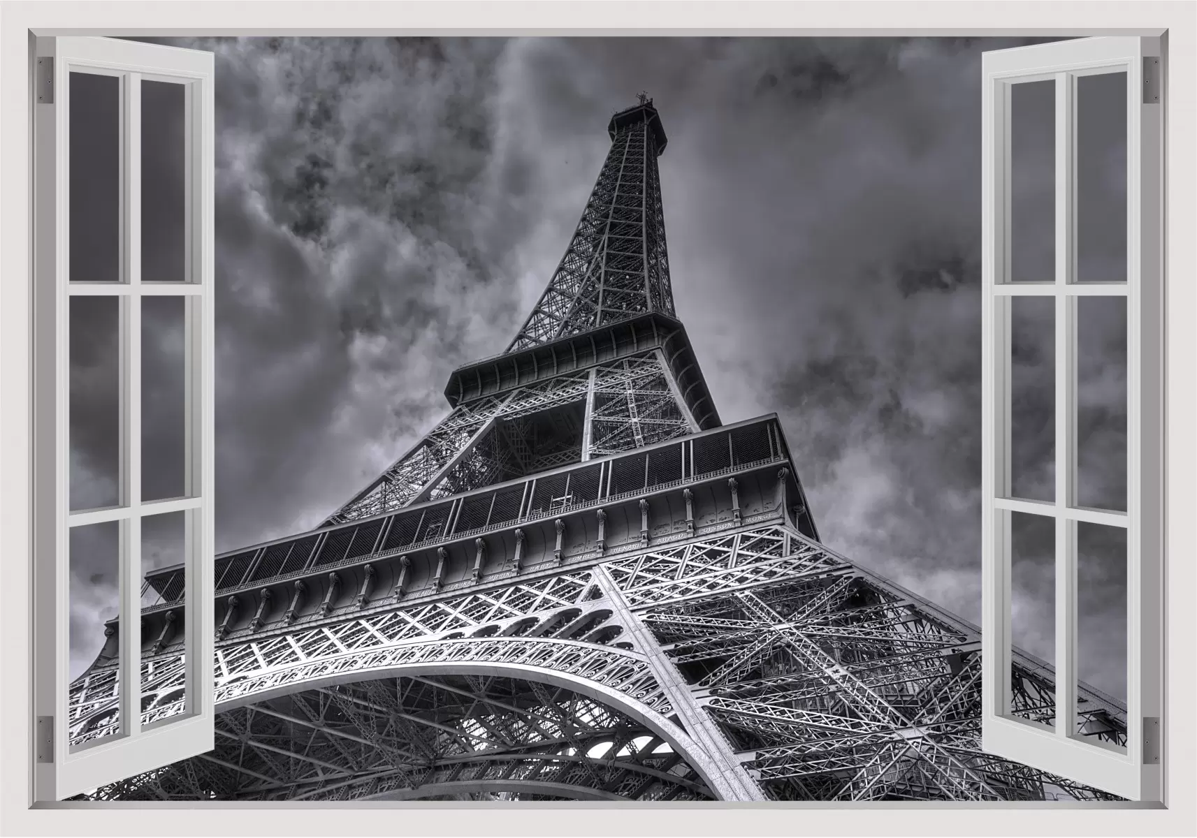 חלון מגדל אייפל - Artpicked Windows - תמונות אורבניות לסלון תמונות שחור לבן  - מק''ט: 337115