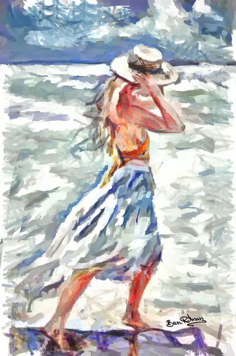 ליידי צועדת בחוף הים - בן רוטמן - תמונות ים ושמים לסלון אבסטרקט מודרני  - מק''ט: 450867