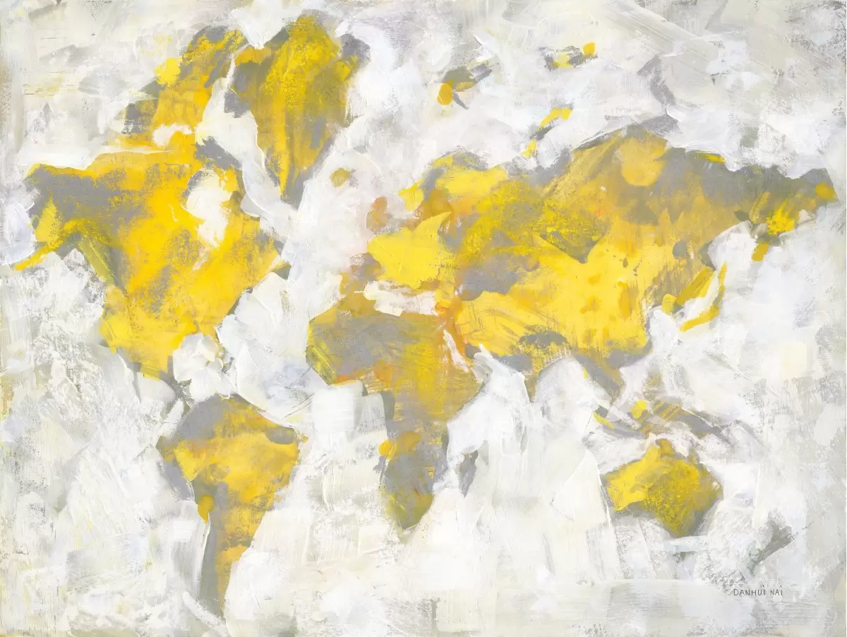 מפת עולם באפור צהוב - Danhui Nai - תמונות לחדר שינה שלו ורגוע מפות מופשטות  - מק''ט: 390041