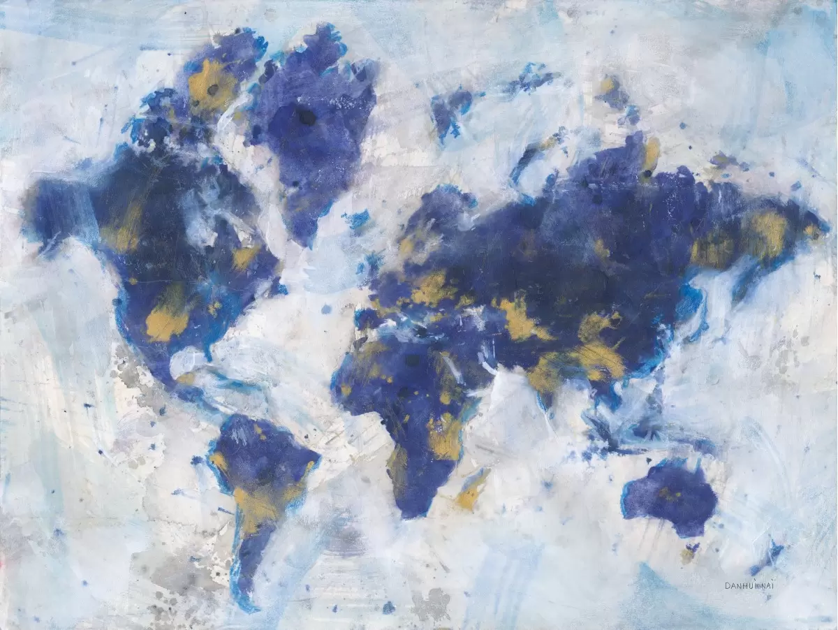 מפת עולם מופשטת בכחול - Danhui Nai - תמונות לחדר שינה שלו ורגוע מפות מופשטות  - מק''ט: 390042