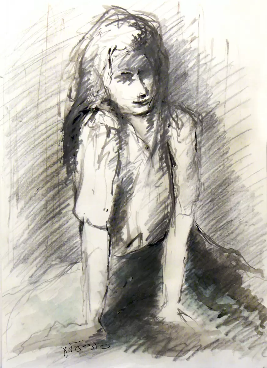 נערה - דוד סלע - איור רישום בצבע  - מק''ט: 139884