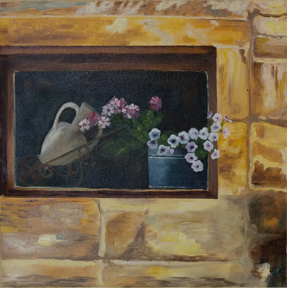 פרחים בחלון - אסתר טל - תמונות וינטג' לסלון  - מק''ט: 316230