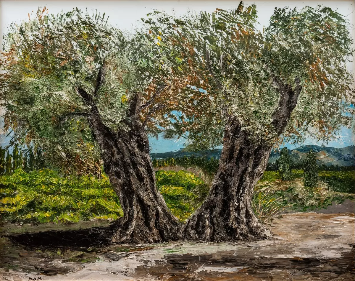 עץ כפול עם לב של זהב – חוה מזרחי | תמונה לסלון בסגנון כפרי