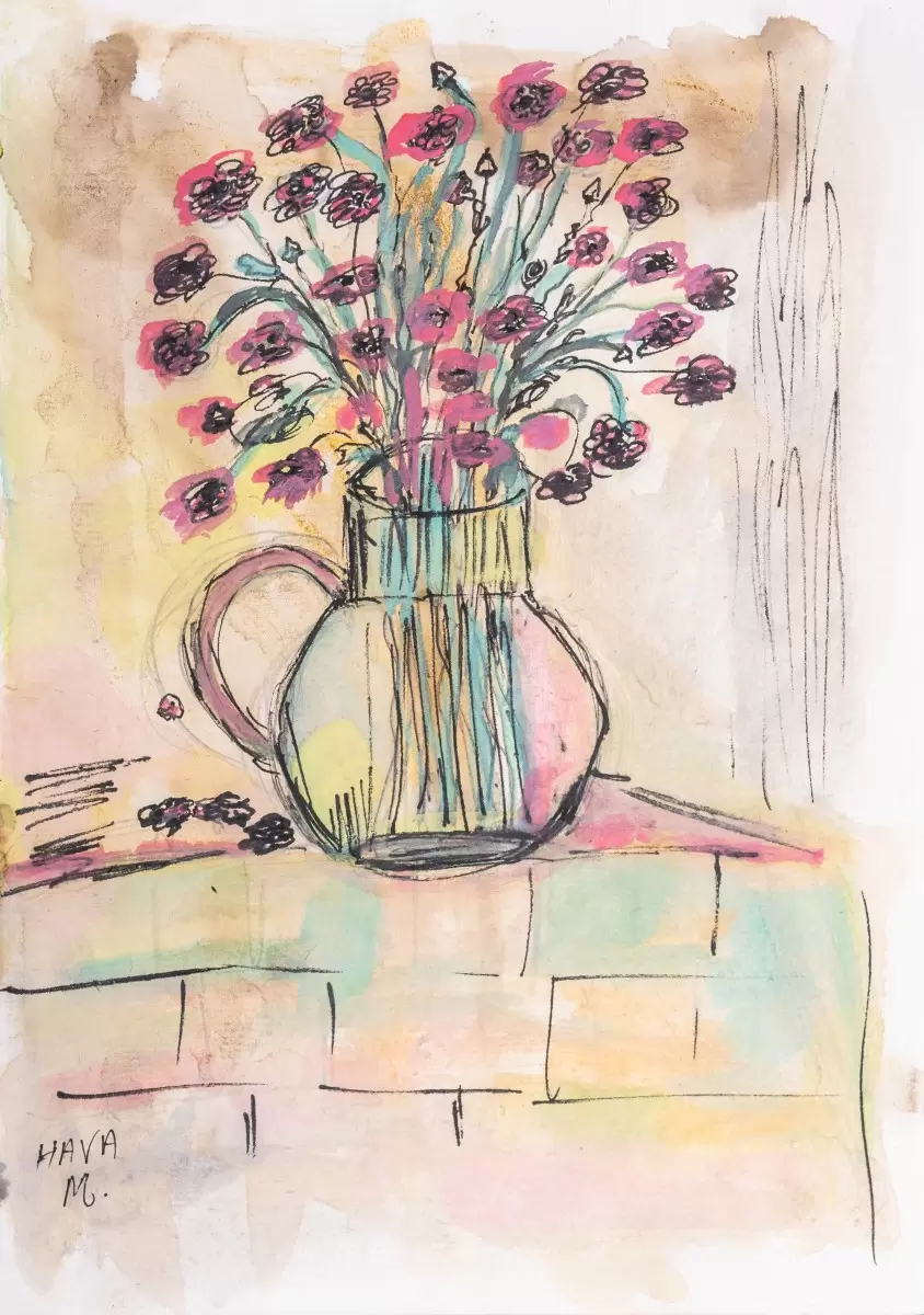 פרחים לשבת - חוה מזרחי - תמונות למטבח כפרי איור רישום בצבע  - מק''ט: 431425