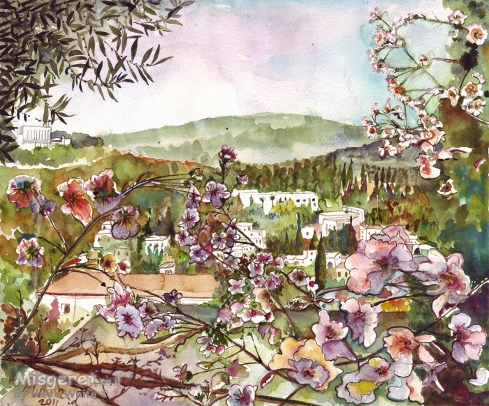 פריחת דובדבן עם נוף