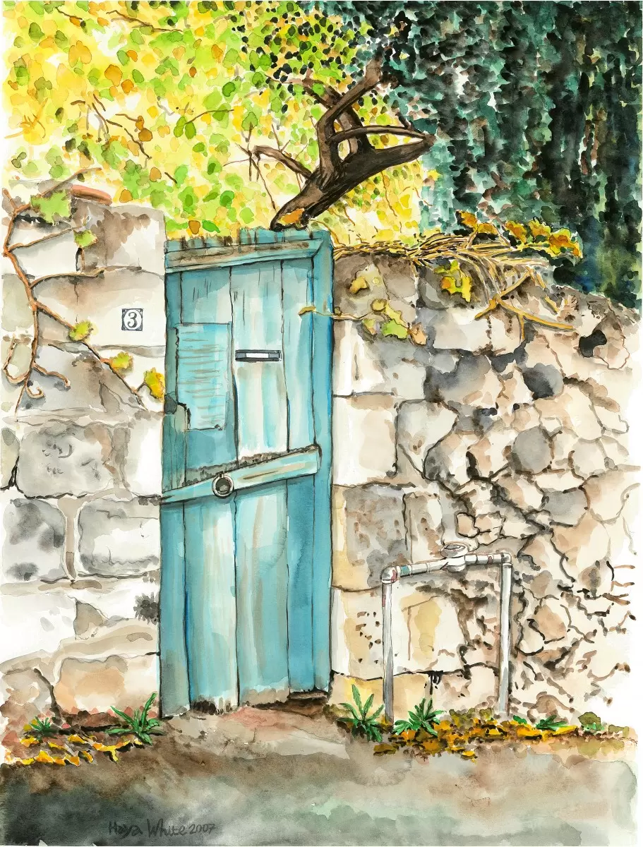 דלת עץ כחולה - חיה וייט - תמונות לסלון כפרי צבעי מים  - מק''ט: 213999