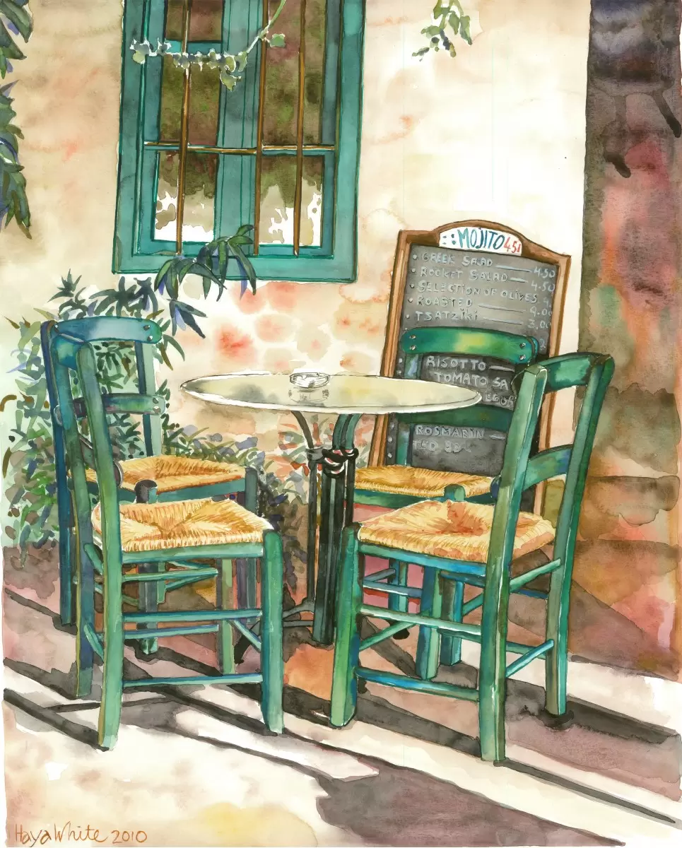 כסאות ליד חלון ירוק - חיה וייט - צבעי מים  - מק''ט: 229892