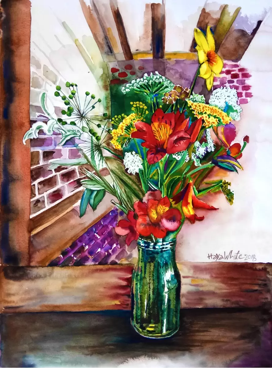 צנצנת פרחים - חיה וייט - תמונות צבעוניות לסלון צבעי מים  - מק''ט: 326122