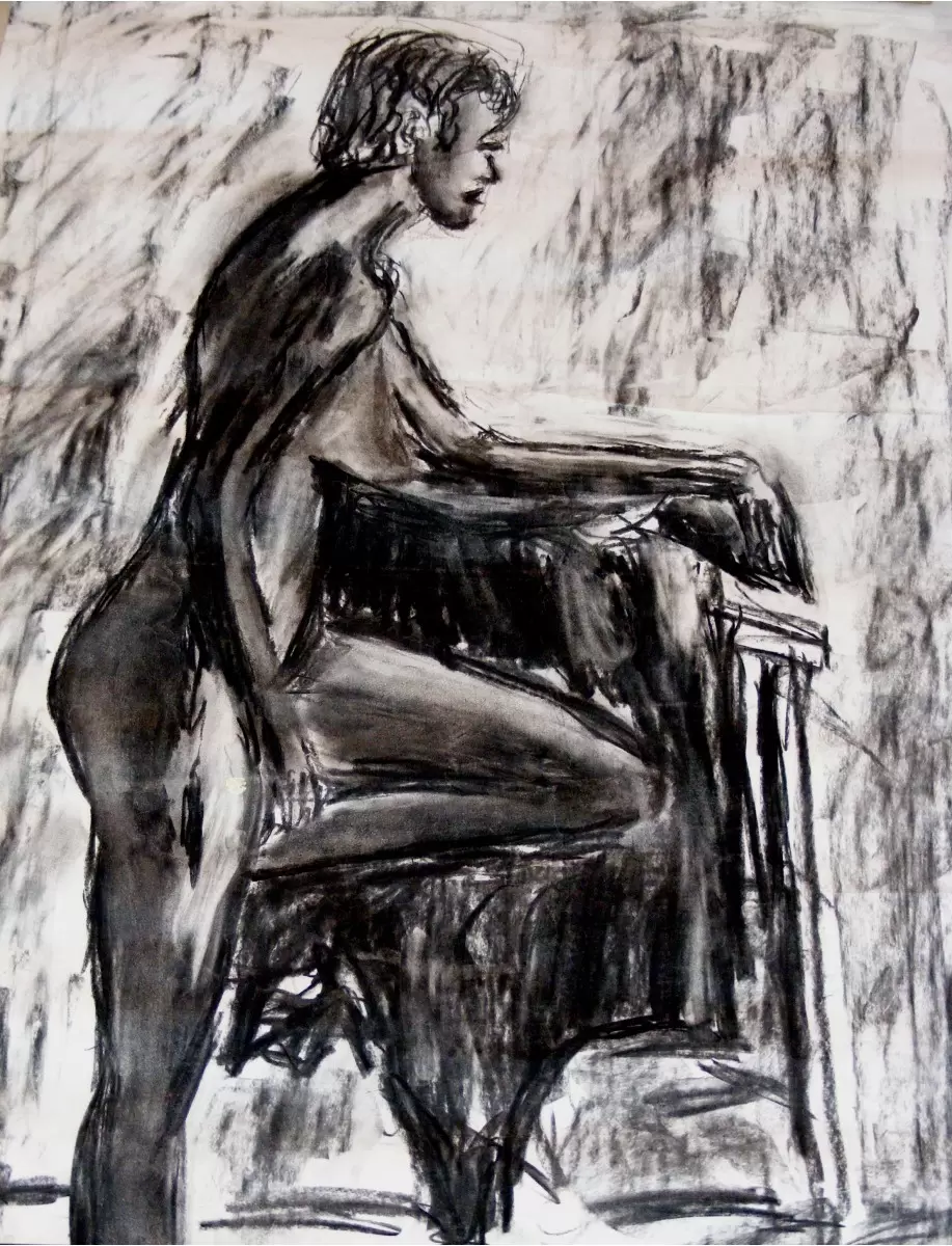 אישה בעירום נשענת על כסא - עוד קרייטר - איור רישום בשחור ולבן  - מק''ט: 85636