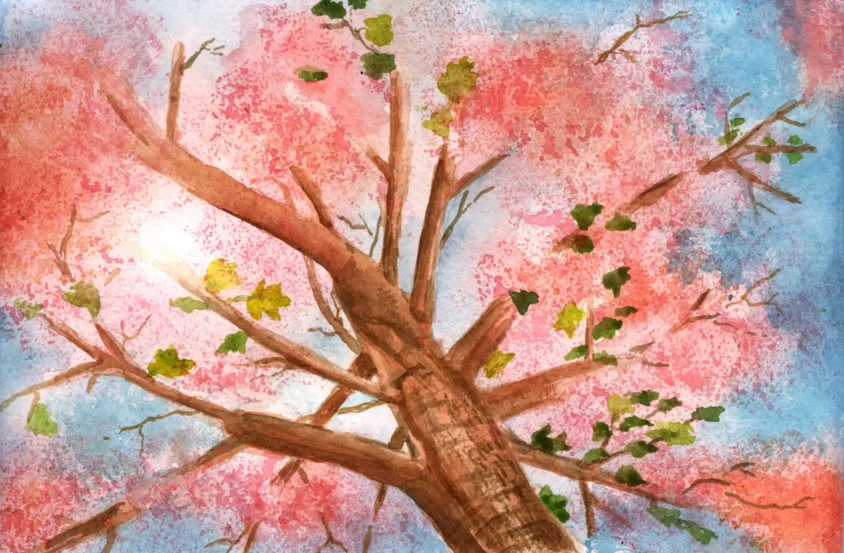 עץ בפריחה אדומה - ענבל אשואל - תמונות רומנטיות לחדר שינה צבעי מים  - מק''ט: 401034