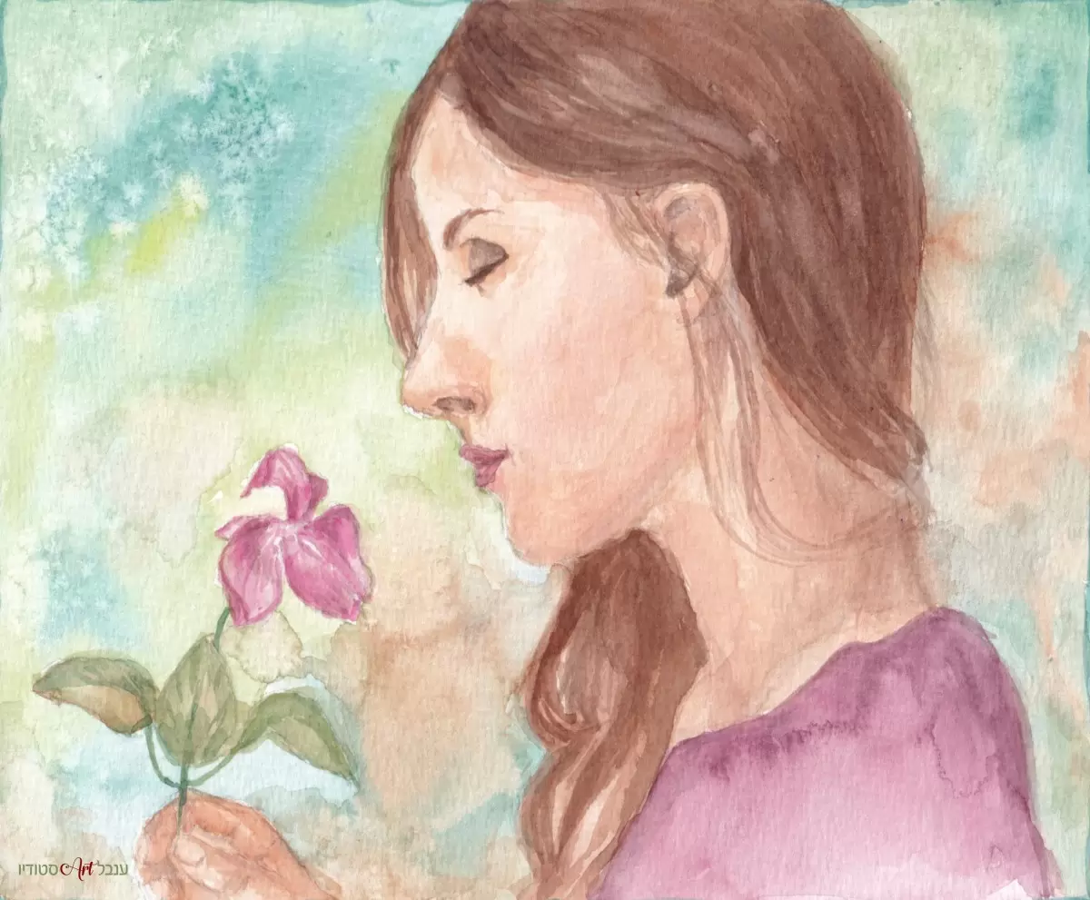 אישה יפה מריחה פרח - ענבל אשואל - איור רישום בצבע  - מק''ט: 449042