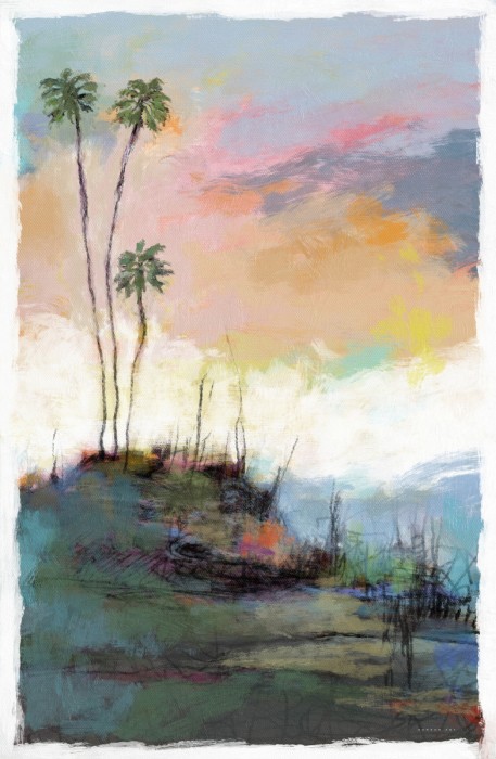 שלושה דקלים בשקיעה פסטלית