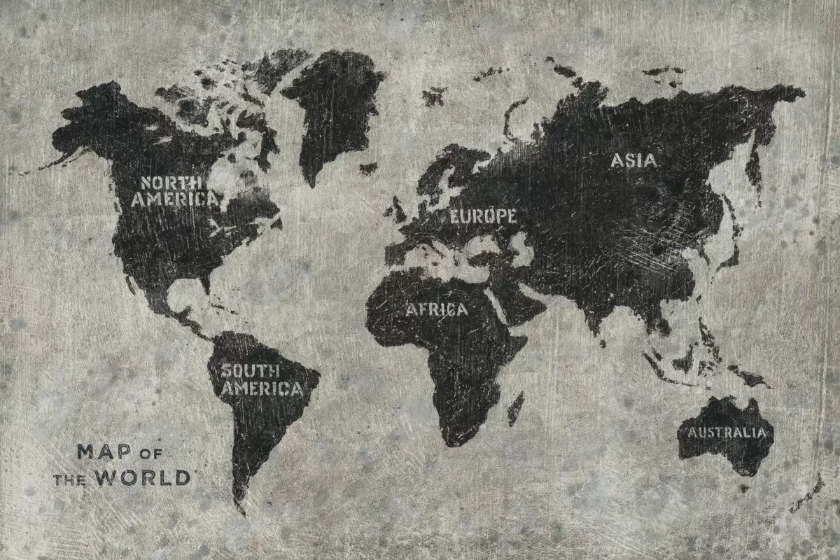 מפת יבשות העולם בשחור לבן - James Wiens - תמונות למשרד תעשייתי עירוני מפות מופשטות  - מק''ט: 391125