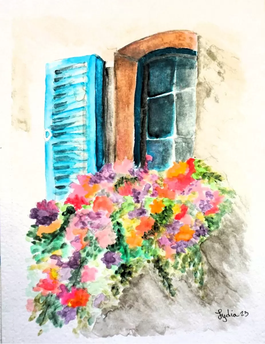 פרחים בחלון - לידיה כרמלי - תמונות לפינת אוכל כפרית צבעי מים  - מק''ט: 470017