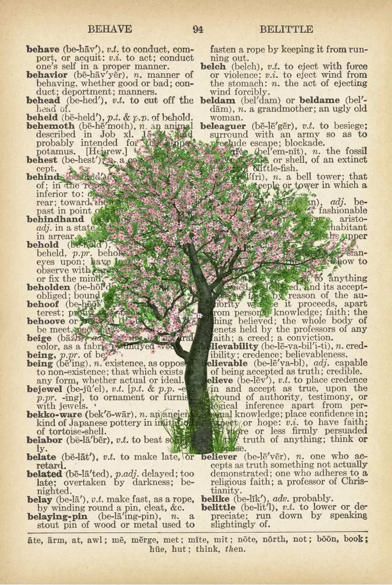 עץ ירוק ורוד רטרו על טקסט - Artpicked - פרחים בסגנון רטרו  - מק''ט: 330044