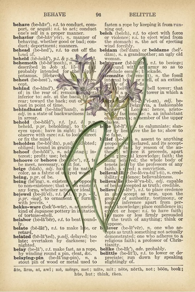 צמח סגול לבן רטרו על טקסט - Artpicked - פרחים בסגנון רטרו  - מק''ט: 330221