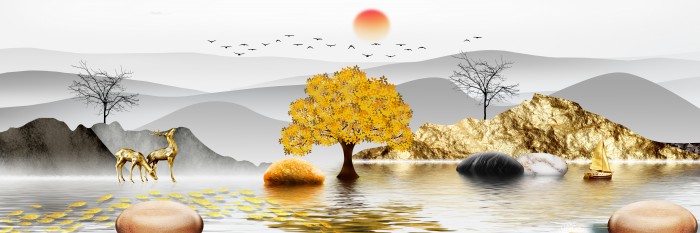 חלוקי נחל ואיילים פנורמה זהב נורדי