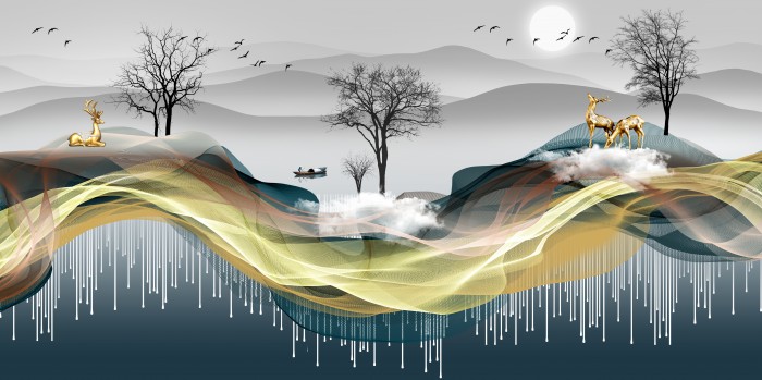 איילים בנוף מופשט מודרני זהב