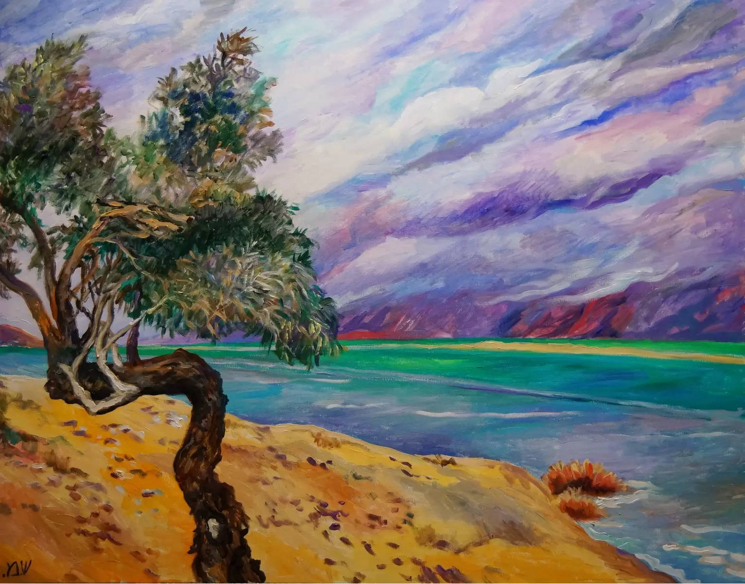 עץ השיטה על חוף ים המלח - שמואל מושניק - תמונות לחדר שינה קלאסי ציורי שמן  - מק''ט: 331818