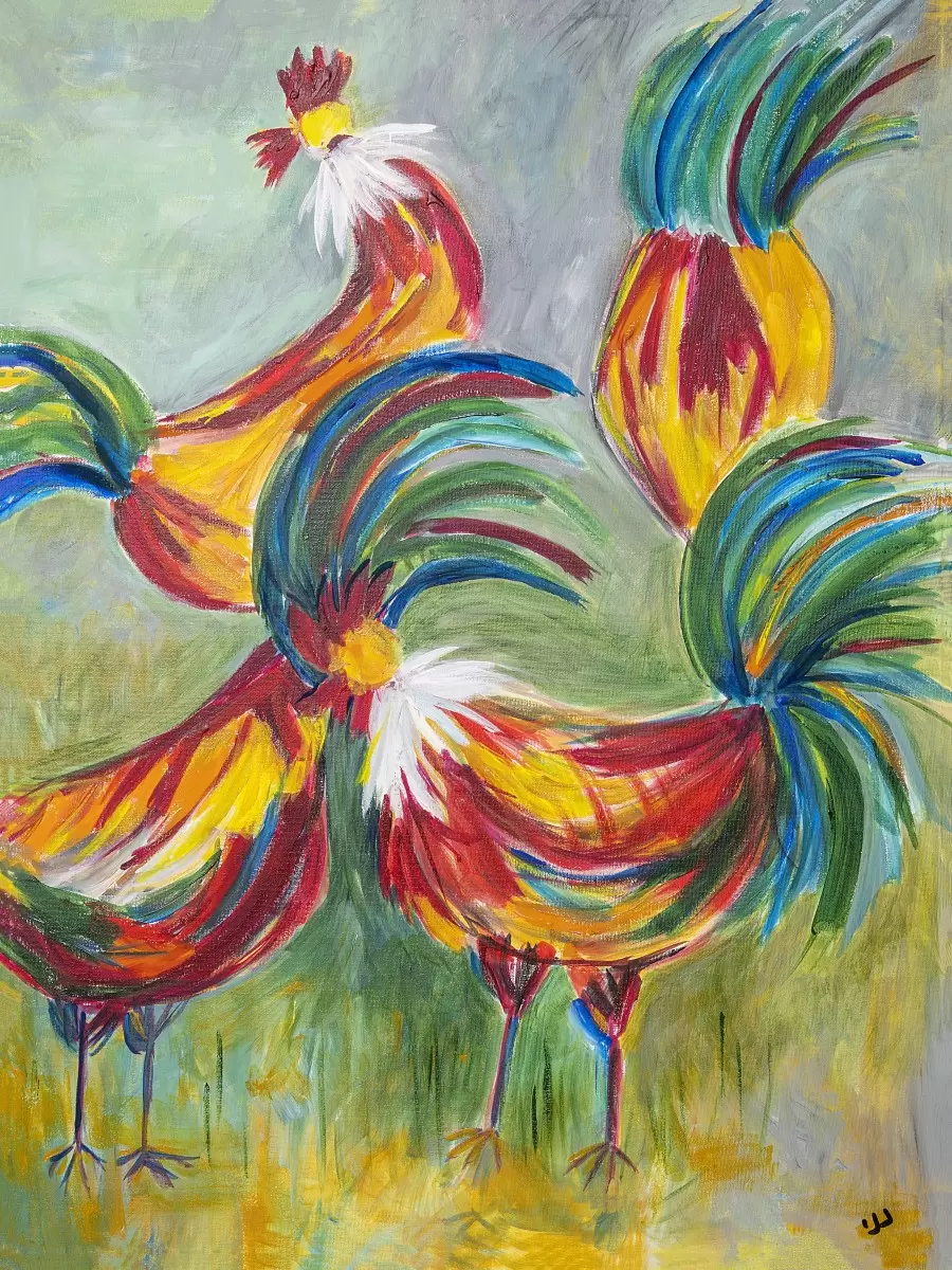 תרנגולים באחו - רחל אלון - תמונות למטבח כפרי ציורי שמן  - מק''ט: 409725